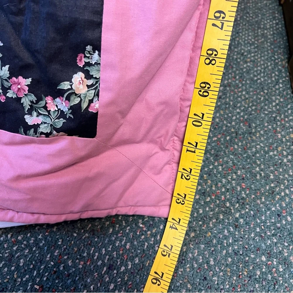 Vintage Handmade Quillow Quilted Pillow Blanket Travel Roses Pink & Black